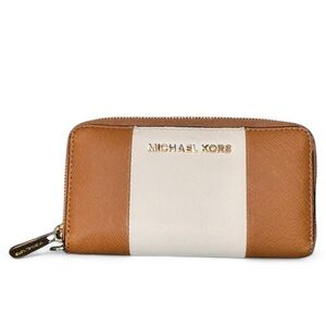Michael Kors Tan and Cream Zip Wallet gold hardware SALE